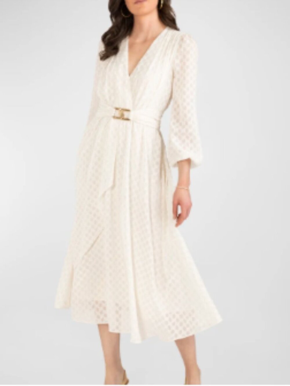 Shoshanna Emilie Belted Blouson-Sleeve Midi Dress, Ivory - Size 8